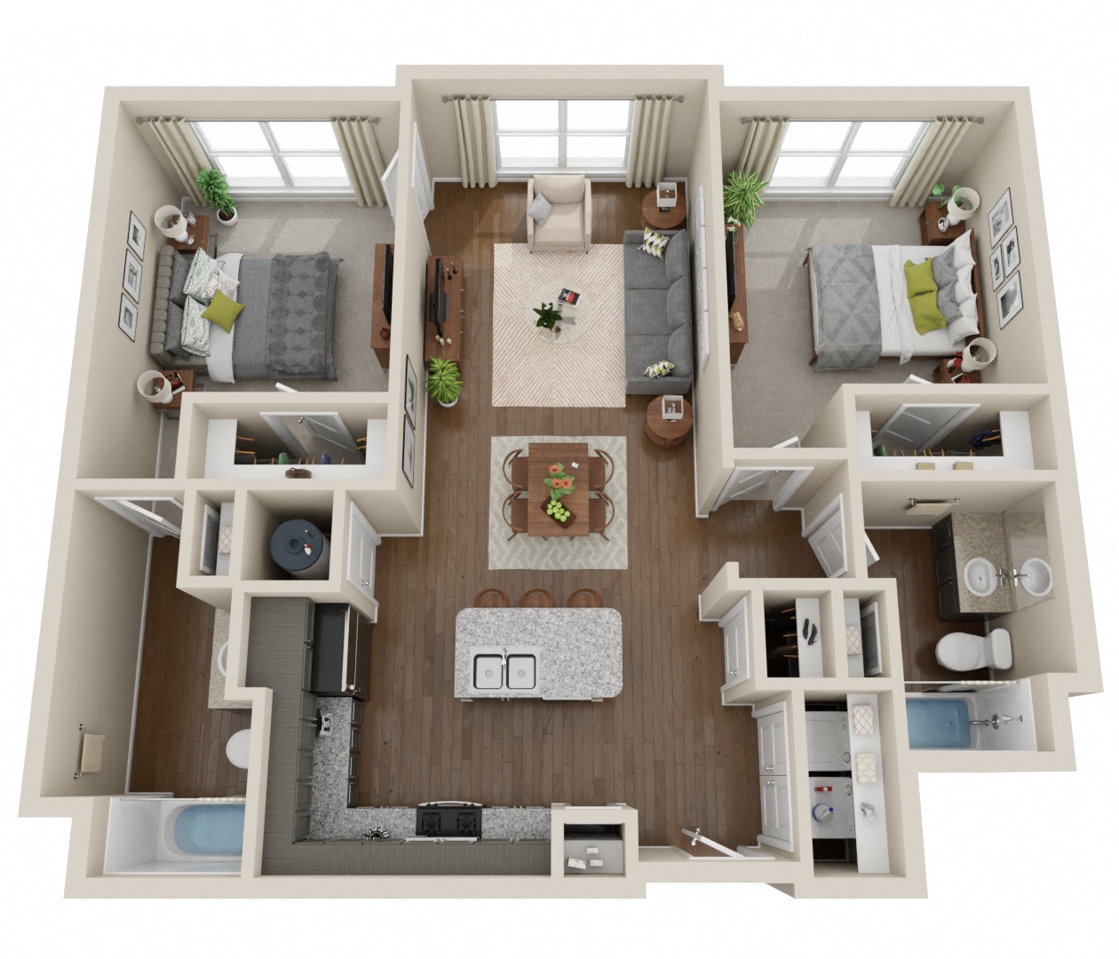 Floor plan for 2 beds, 2 baths, 1083 sqft